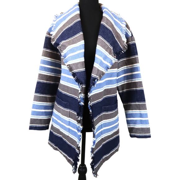Wonderly Blue Gray Striped WOOL Blend Cardigan Jacket Knit Open Front Fringe SM - Picture 1 of 7